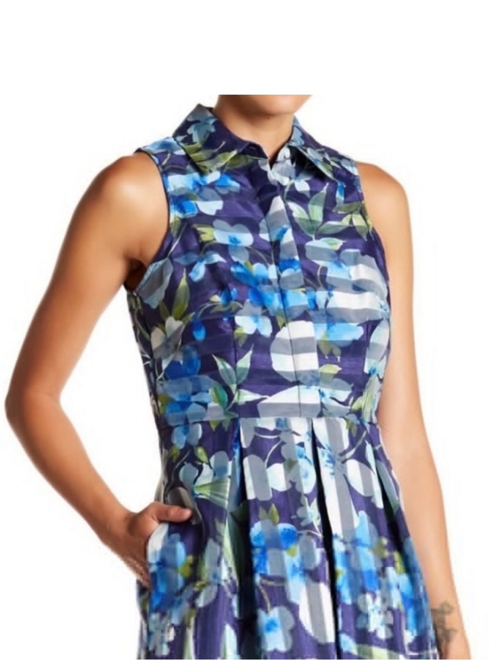 Sandra Darren Sheer Floral Button-Front Top in Navy, Blue & Green